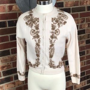 True vintage Cream with copper glass seed beads hand beaded high hip sweater